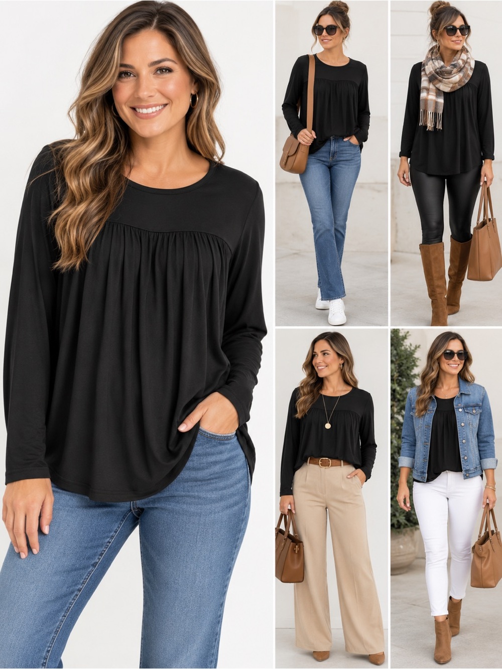 NWT Women's Black Long-Sleeve Gathered Front Tee